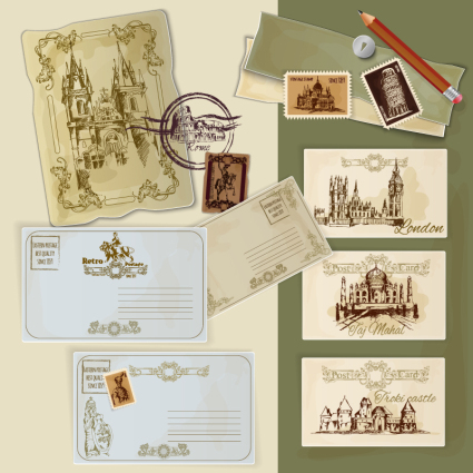 World Travel Postcards vector material