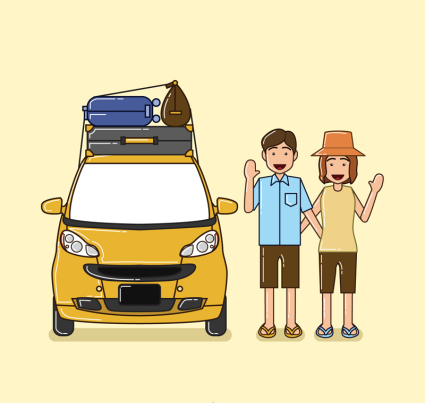 Creative couple traveling by car vector material
