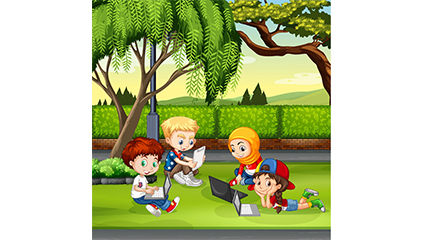 4 children cartoon study group vector material