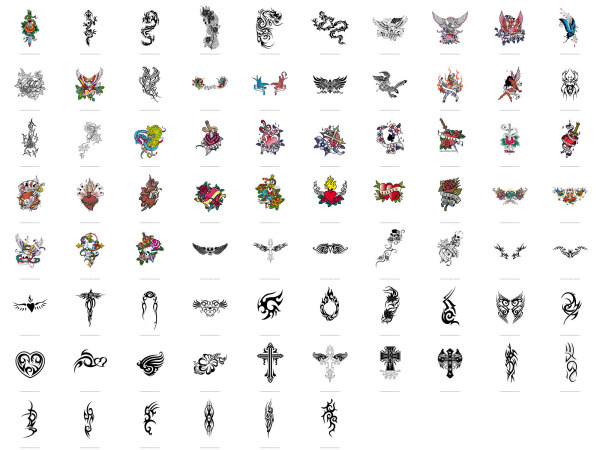 Swords, dragons, butterflies, roses, crosses, Phoenix, eagles, totem vector