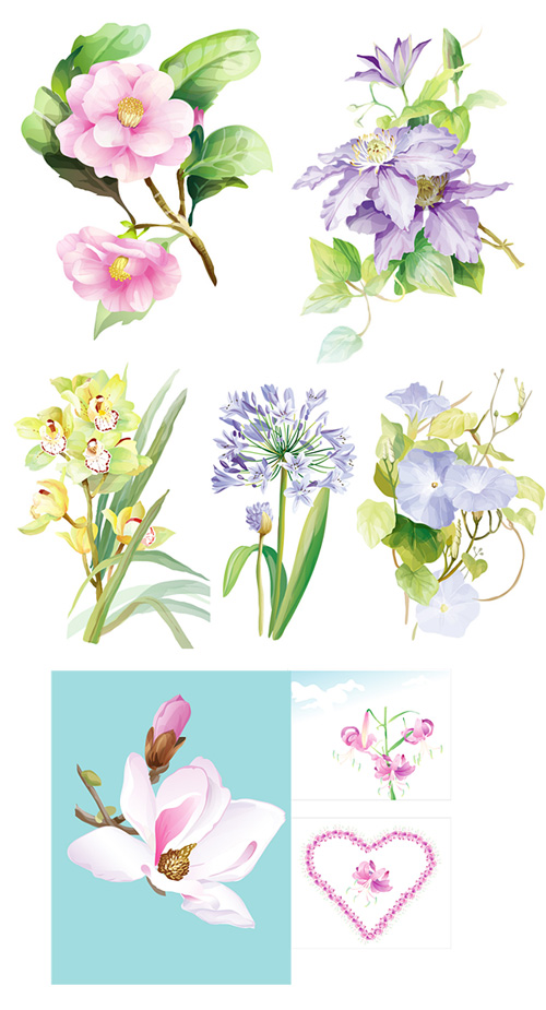 7 elegant watercolor flowers vector material