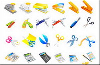 Stapler, utility knife, scissors, calculator, pens
