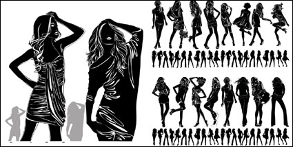 Beautiful girl black and white silhouette vector material