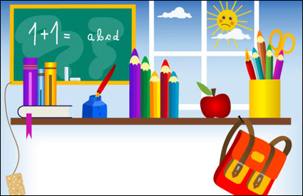Stationery, blackboard, ink bottle, ink pens, books, school bags Vector